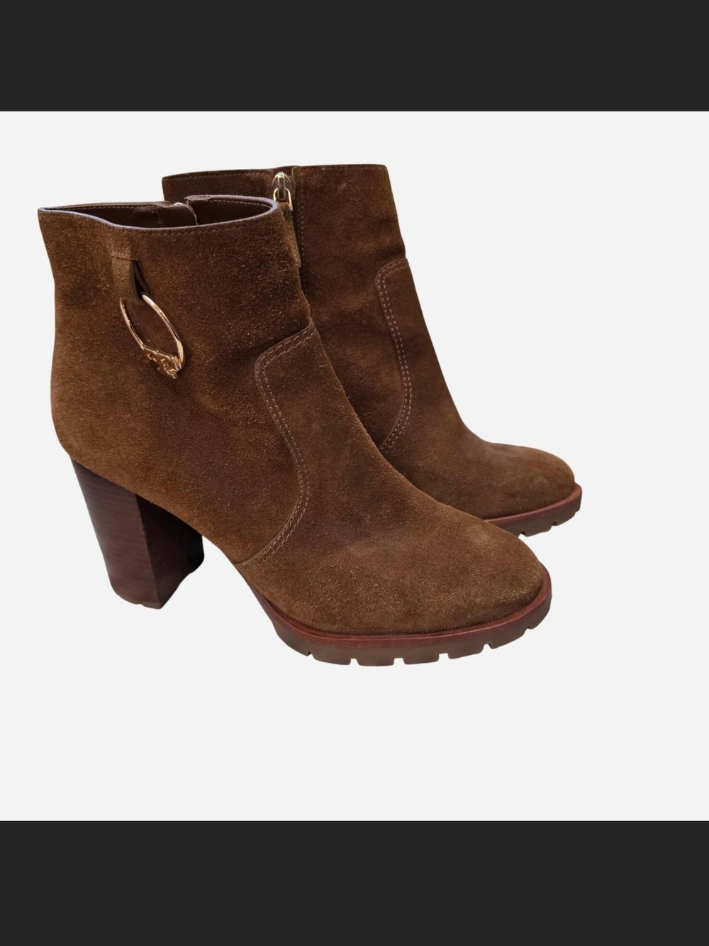 Tory Burch Brown Suede Block Heel Ankle Boots with Gold Ring Detail